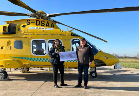 Ian Paulley presents a cheque for £1,100.00 to the Air Ambulance – the proceeds from last season’s Charity Match